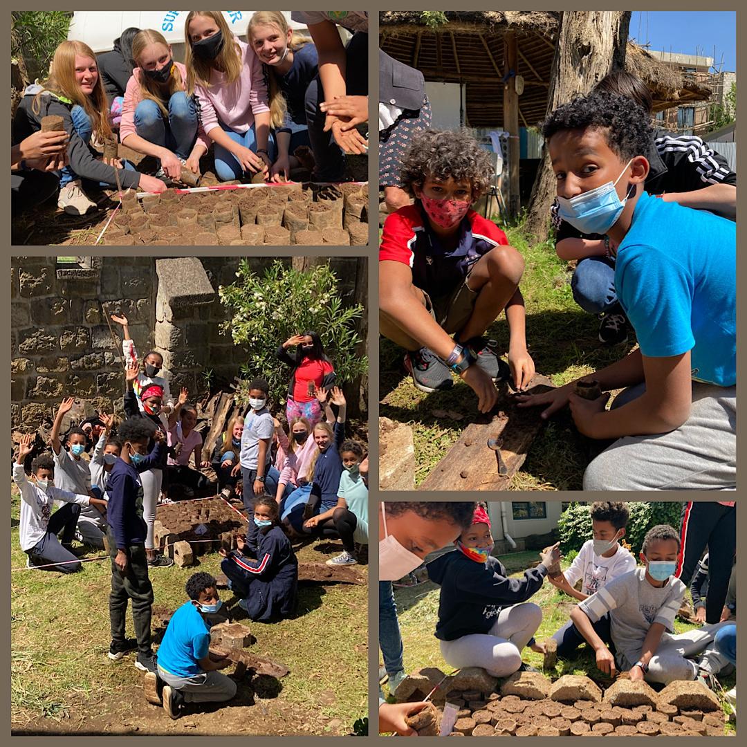 Students planting seeds.